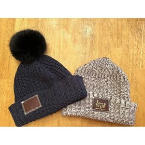 Two Love Your Melon 100% Cotton Ribbed Knit Beanie Hats With Removable Fur Pom